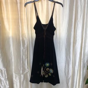Black summer dress, embellished with leather, embroidery and stones